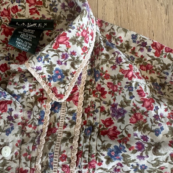 RALPH LAUREN Cotton Button Up Shirt Floral Ditsy Women Lace Trim Multicolor M - Picture 2 of 5